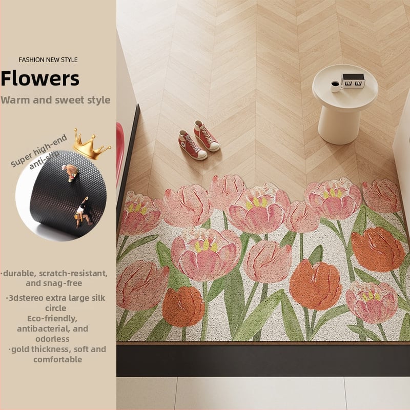 Ieejas durvju paklājs ar ziedu motīvu, materiāls: stieples cilpa, forma: ārpuszemes, stils: eļļas glezna, mazgājams