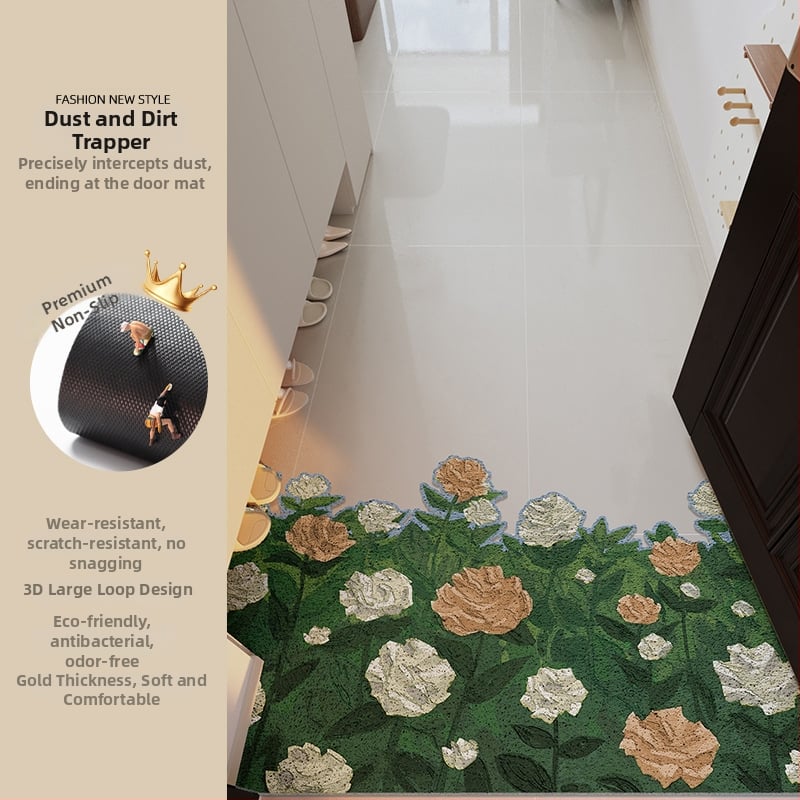 Ieejas durvju paklājs ar ziedu motīvu, materiāls: stieples cilpa, forma: ārpuszemes, stils: eļļas glezna, mazgājams