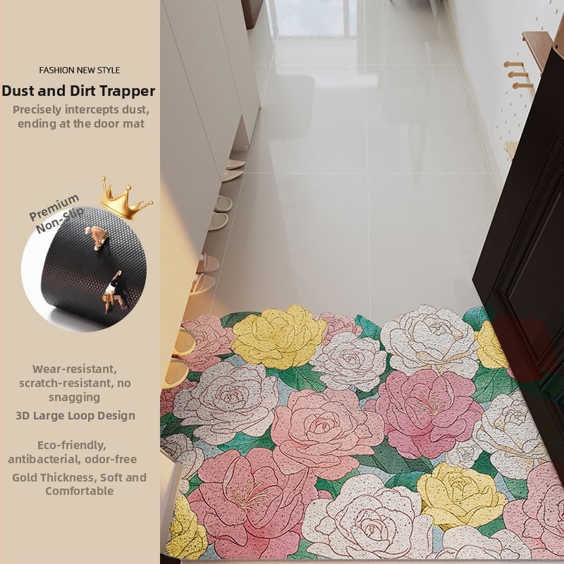 Ieejas durvju paklājs ar ziedu motīvu, materiāls: stieples cilpa, forma: ārpuszemes, stils: eļļas glezna, mazgājams