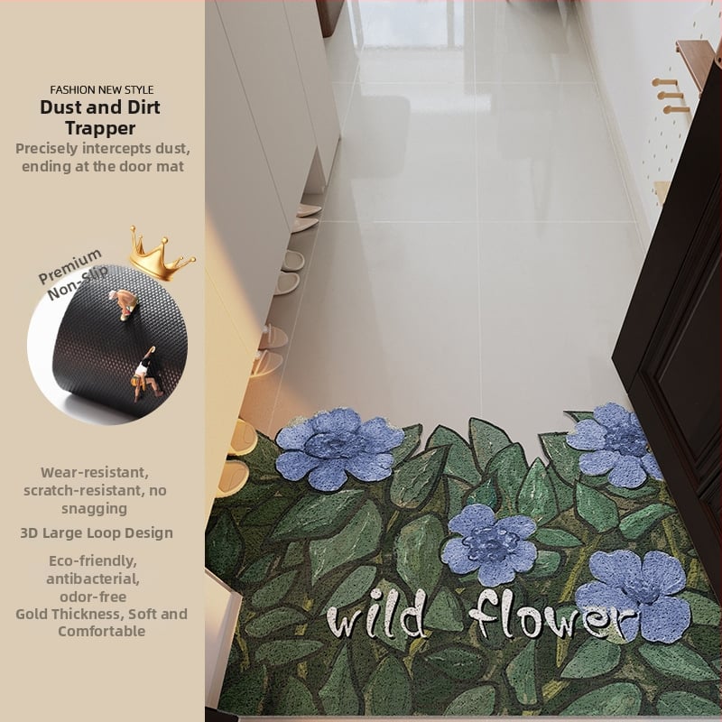 Ieejas durvju paklājs ar ziedu motīvu, materiāls: stieples cilpa, forma: ārpuszemes, stils: eļļas glezna, mazgājams