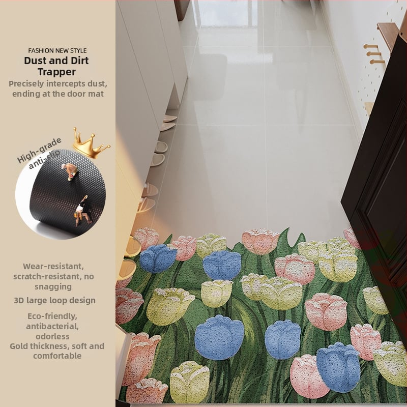 Ieejas durvju paklājs ar ziedu motīvu, materiāls: stieples cilpa, forma: ārpuszemes, stils: eļļas glezna, mazgājams