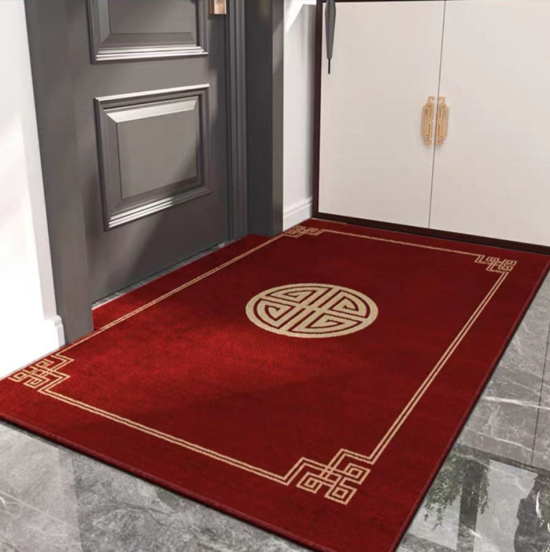 Ķīnas stila ieejas paklājs, poliesters, mašīnu aušana, kvadrātveida, svītras/krāsu bloki/audzē un ziedi, mazgājams