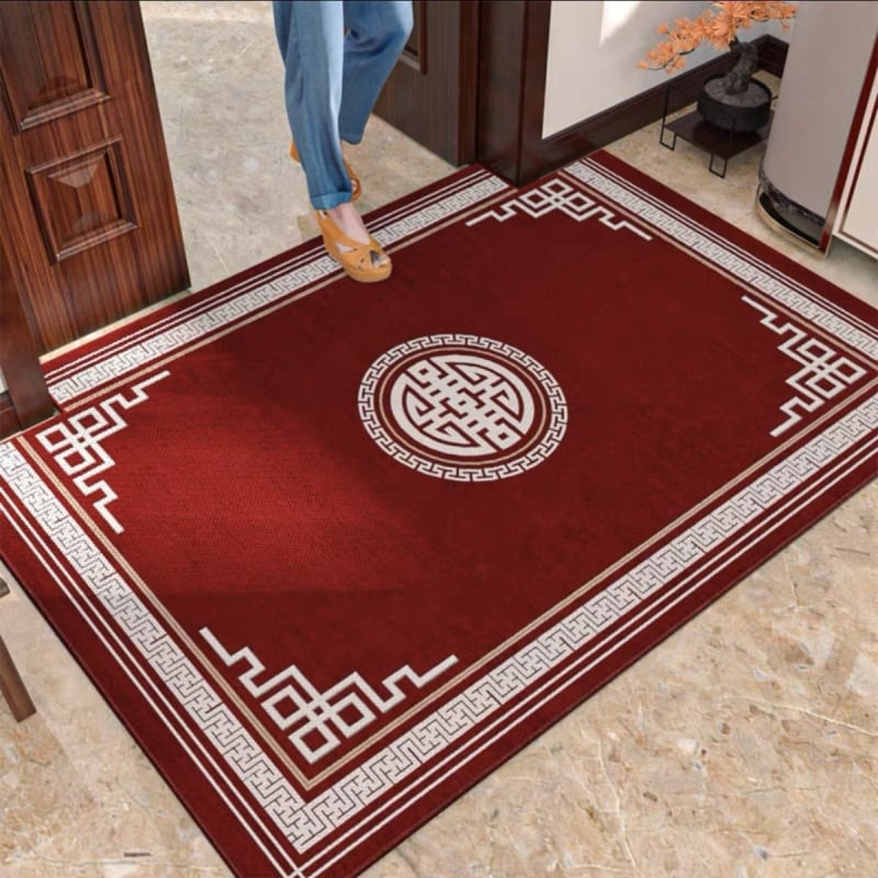 Ķīnas stila ieejas paklājs, poliesters, mašīnu aušana, kvadrātveida, svītras/krāsu bloki/audzē un ziedi, mazgājams