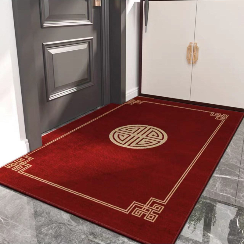 Ķīnas stila ieejas paklājs, poliesters, mašīnu aušana, kvadrātveida, svītras/krāsu bloki/audzē un ziedi, mazgājams