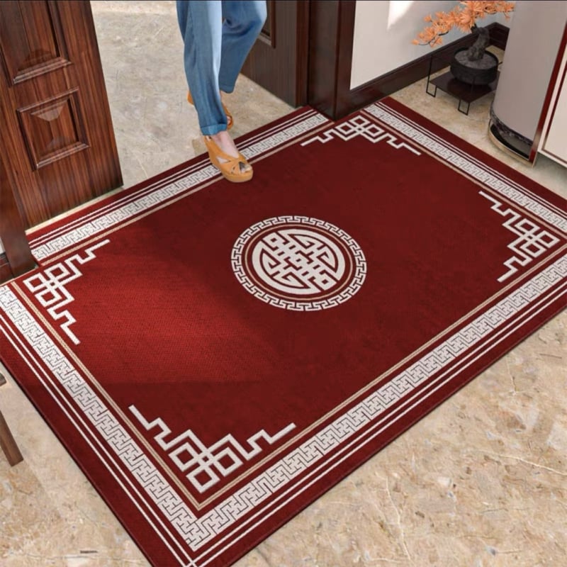 Ķīnas stila ieejas paklājs, poliesters, mašīnu aušana, kvadrātveida, svītras/krāsu bloki/audzē un ziedi, mazgājams