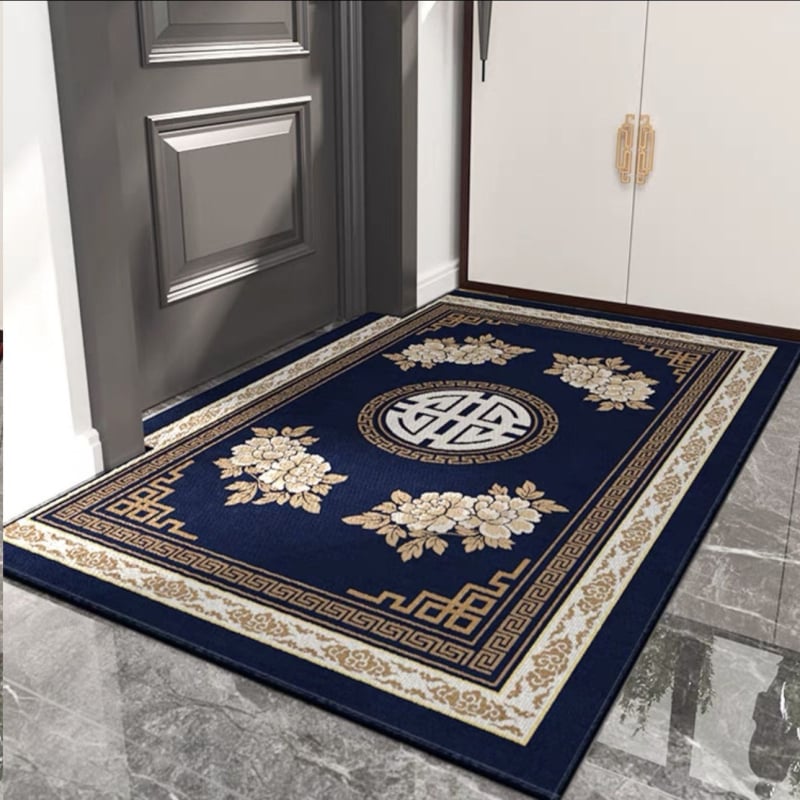 Ķīnas stila ieejas paklājs, poliesters, mašīnu aušana, kvadrātveida, svītras/krāsu bloki/audzē un ziedi, mazgājams