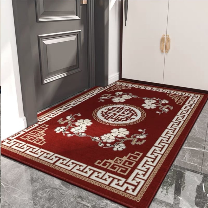 Ķīnas stila ieejas paklājs, poliesters, mašīnu aušana, kvadrātveida, svītras/krāsu bloki/audzē un ziedi, mazgājams