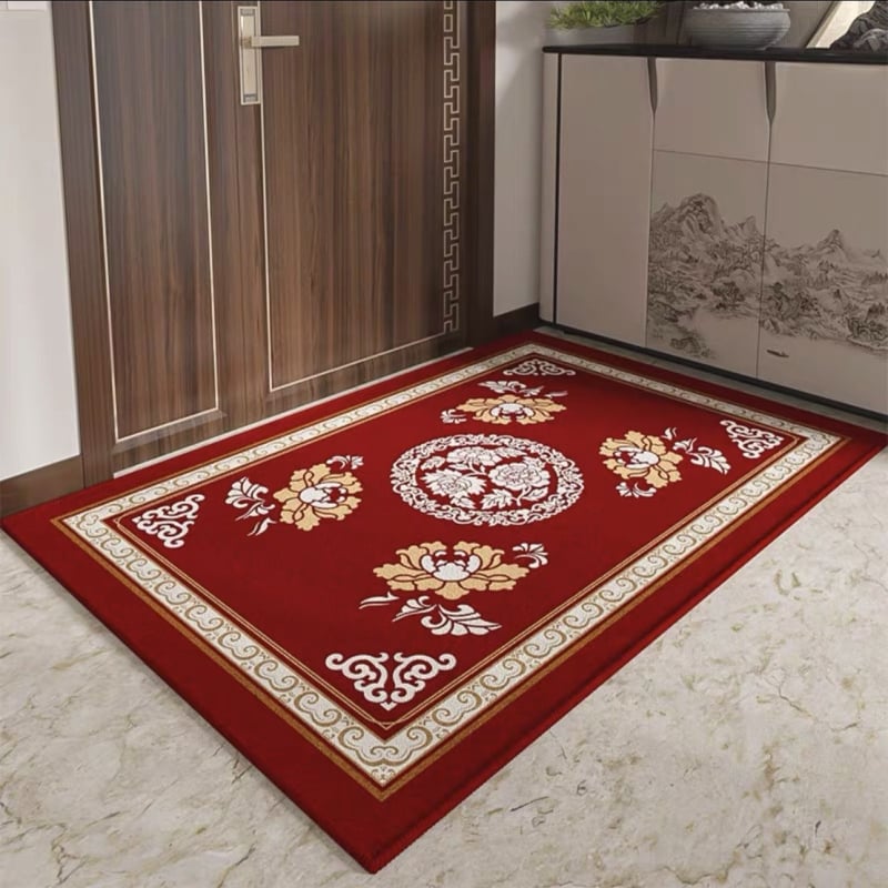 Ķīnas stila ieejas paklājs, poliesters, mašīnu aušana, kvadrātveida, svītras/krāsu bloki/audzē un ziedi, mazgājams