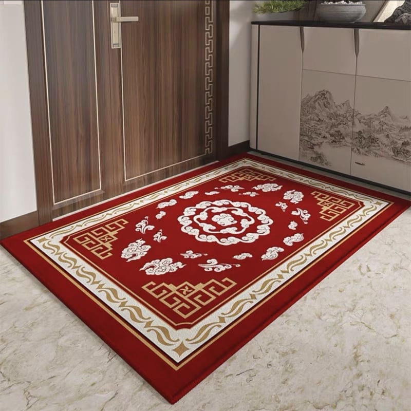 Ķīnas stila ieejas paklājs, poliesters, mašīnu aušana, kvadrātveida, svītras/krāsu bloki/audzē un ziedi, mazgājams