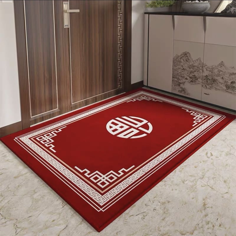 Ķīnas stila ieejas paklājs, poliesters, mašīnu aušana, kvadrātveida, svītras/krāsu bloki/audzē un ziedi, mazgājams