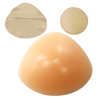 Постоперативна силиконова бюст-протеза с предпазен калъф, триъгълна и кръгла форма, конкавно дъно; удебелен силикон увеличава обема.