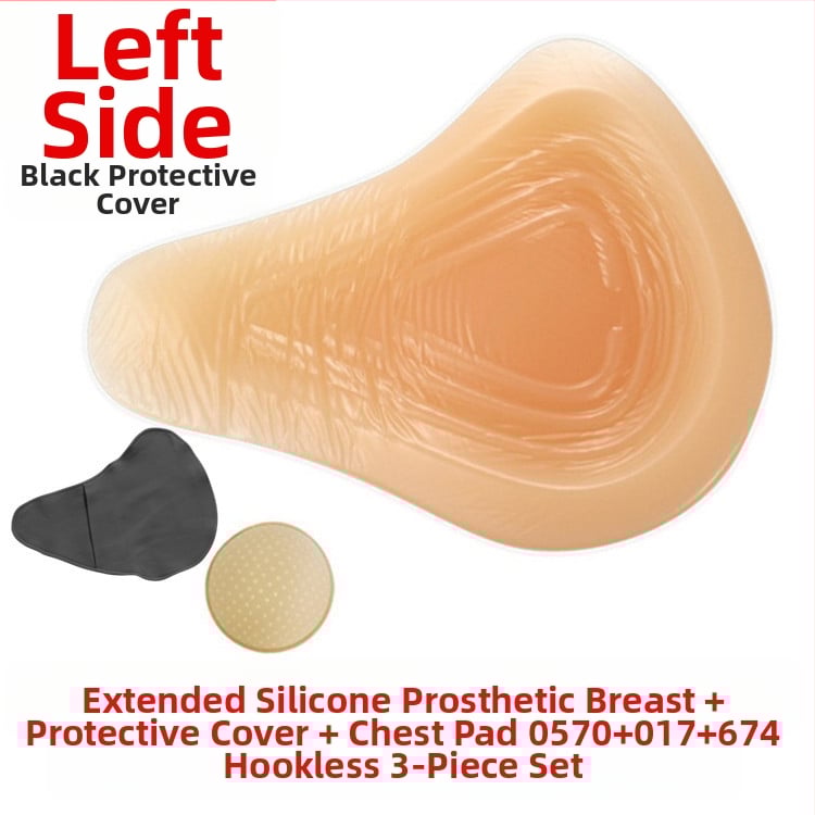 Постоперативна силиконова бюст-протеза с предпазен калъф, триъгълна и кръгла форма, конкавно дъно; удебелен силикон увеличава обема.
