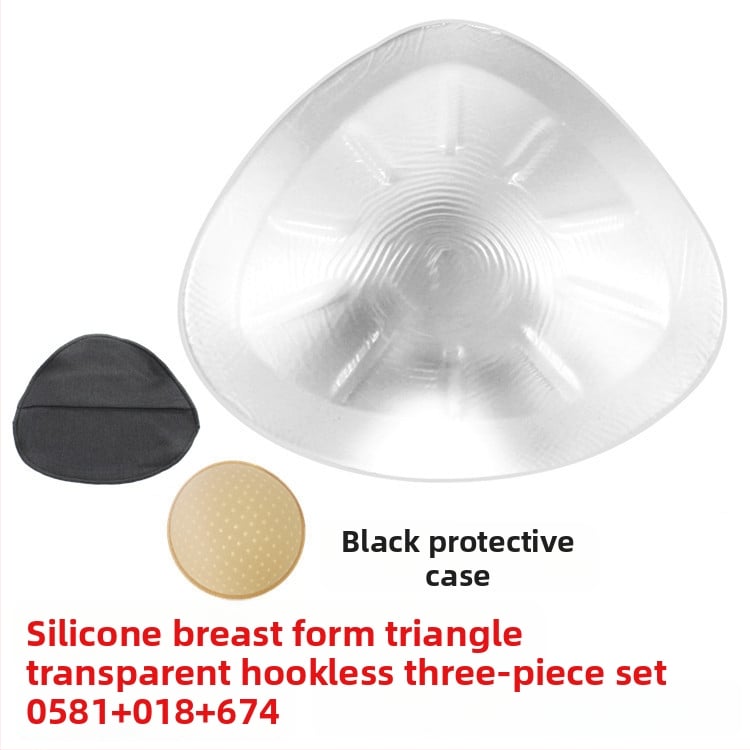 Постоперативна силиконова бюст-протеза с предпазен калъф, триъгълна и кръгла форма, конкавно дъно; удебелен силикон увеличава обема.