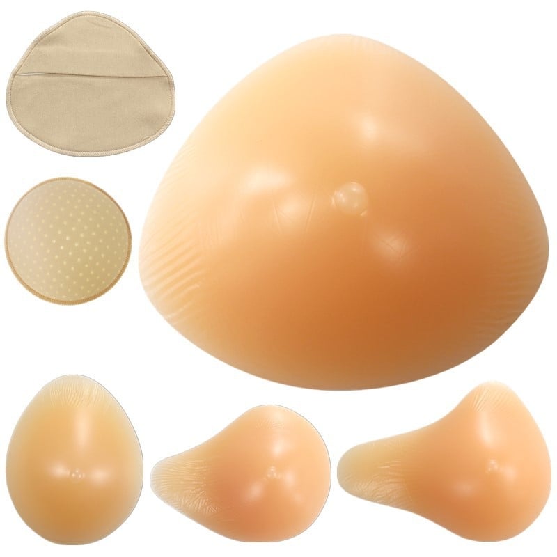 Постоперативна силиконова бюст-протеза с предпазен калъф, триъгълна и кръгла форма, конкавно дъно; удебелен силикон увеличава обема.