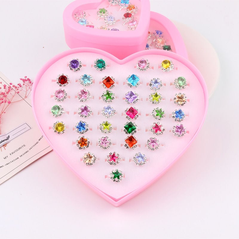 Bērnu gredzenu komplekts ar kristāla akmeņiem, regulējams, sirds formas dāvanas kastē, 36 gab., japāņu un Dienvidkorejas stils bērniem