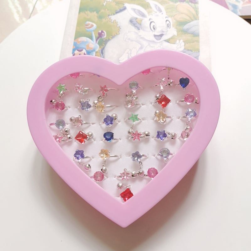 Bērnu gredzenu komplekts ar kristāla akmeņiem, regulējams, sirds formas dāvanas kastē, 36 gab., japāņu un Dienvidkorejas stils bērniem