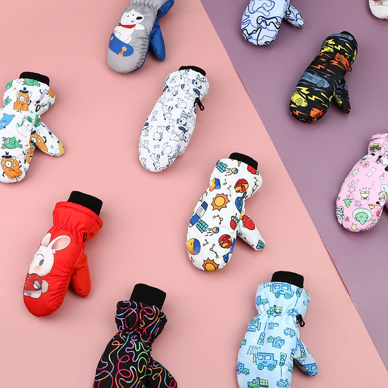 Bērnu slēpošanas cimdi ar karikatūras rakstu — ziemas siltums, poliesters, vecums 6-10 gadi