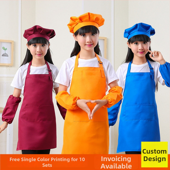 Bērnu trīsdaļīgs komplekts: priekšauts ar piedurknēm un pavāra cepuri, poliesters, moderns minimālisma dizains, drukāšana ar pielāgotu logotipu, noturīgs pret traipēm