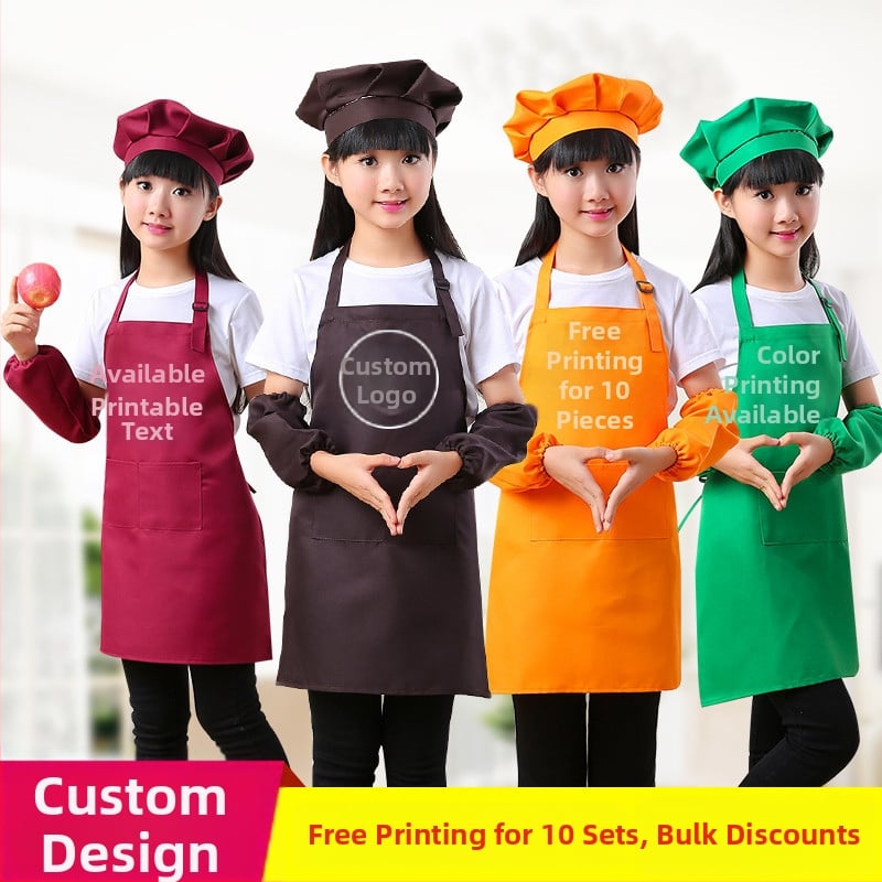 Bērnu trīsdaļīgs komplekts: priekšauts ar piedurknēm un pavāra cepuri, poliesters, moderns minimālisma dizains, drukāšana ar pielāgotu logotipu, noturīgs pret traipēm