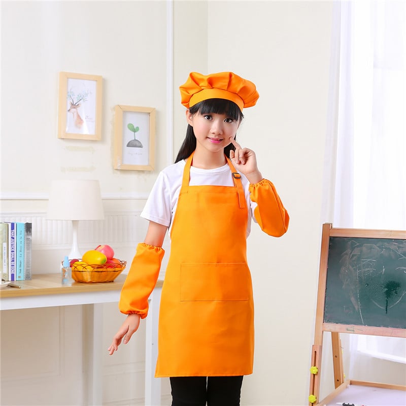 Bērnu trīsdaļīgs komplekts: priekšauts ar piedurknēm un pavāra cepuri, poliesters, moderns minimālisma dizains, drukāšana ar pielāgotu logotipu, noturīgs pret traipēm