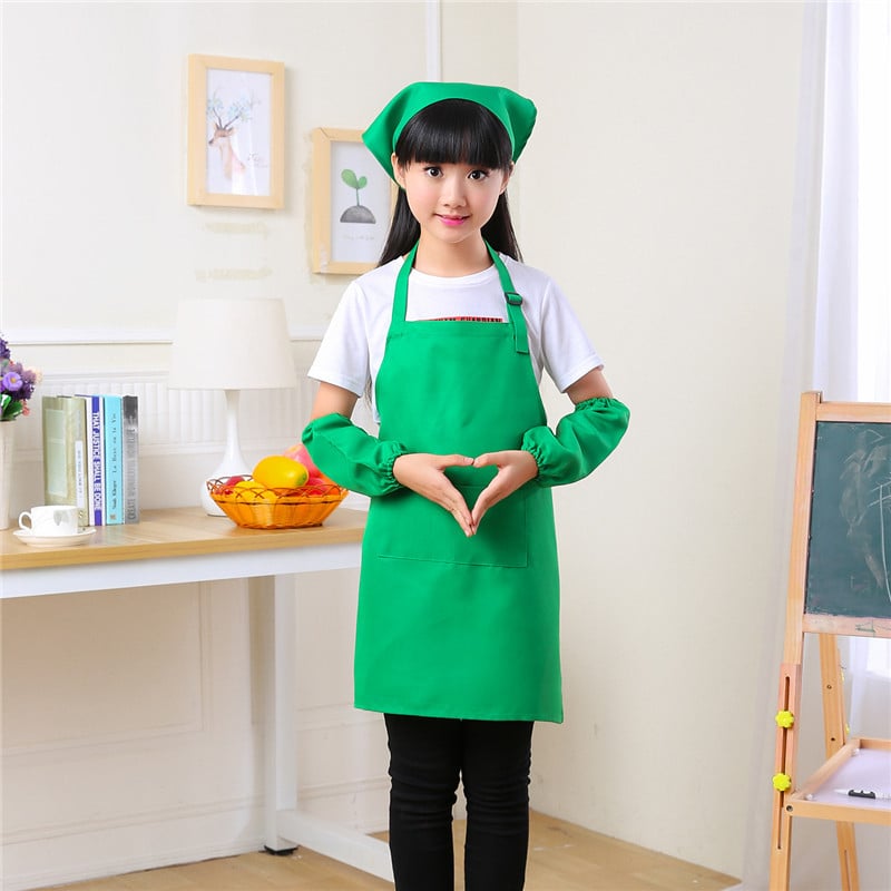 Bērnu trīsdaļīgs komplekts: priekšauts ar piedurknēm un pavāra cepuri, poliesters, moderns minimālisma dizains, drukāšana ar pielāgotu logotipu, noturīgs pret traipēm