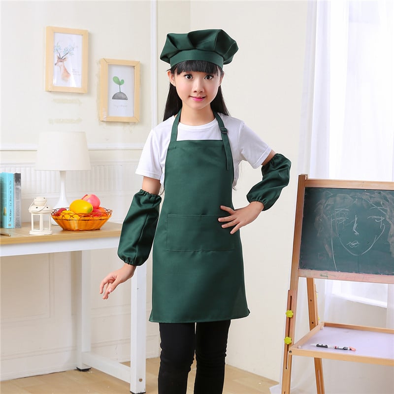 Bērnu trīsdaļīgs komplekts: priekšauts ar piedurknēm un pavāra cepuri, poliesters, moderns minimālisma dizains, drukāšana ar pielāgotu logotipu, noturīgs pret traipēm