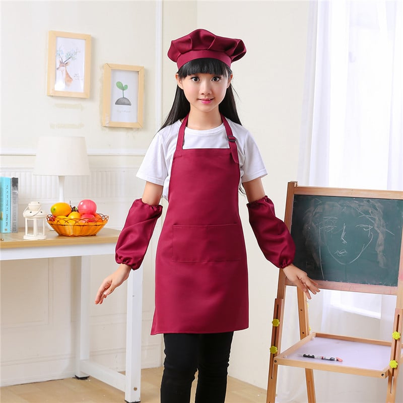 Bērnu trīsdaļīgs komplekts: priekšauts ar piedurknēm un pavāra cepuri, poliesters, moderns minimālisma dizains, drukāšana ar pielāgotu logotipu, noturīgs pret traipēm