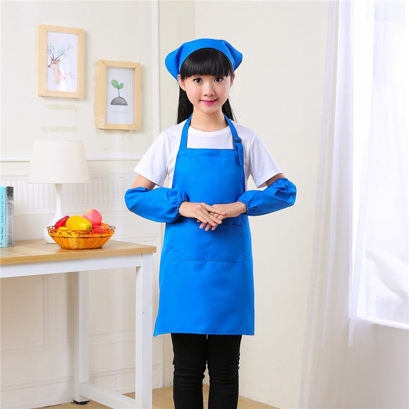 Bērnu trīsdaļīgs komplekts: priekšauts ar piedurknēm un pavāra cepuri, poliesters, moderns minimālisma dizains, drukāšana ar pielāgotu logotipu, noturīgs pret traipēm