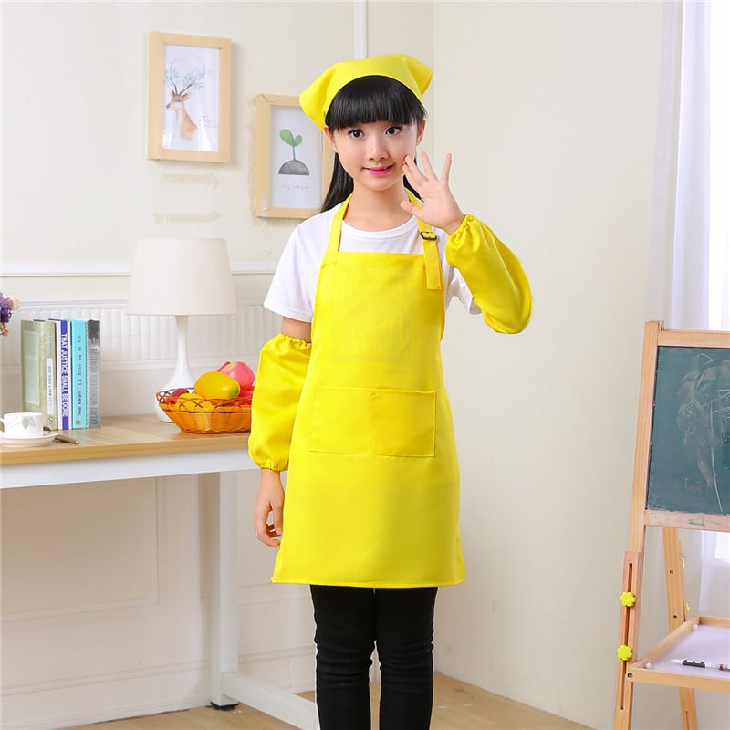 Bērnu trīsdaļīgs komplekts: priekšauts ar piedurknēm un pavāra cepuri, poliesters, moderns minimālisma dizains, drukāšana ar pielāgotu logotipu, noturīgs pret traipēm