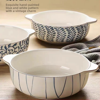 Porcelāna bļoda ar dubultiem rokturiem, apaļas formas, zem glazūras apdare, piemērota mikroviļņu krāsnij