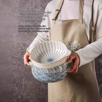 Porcelāna bļoda ar dubultiem rokturiem, apaļas formas, zem glazūras apdare, piemērota mikroviļņu krāsnij