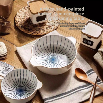 Porcelāna bļoda ar dubultiem rokturiem, apaļas formas, zem glazūras apdare, piemērota mikroviļņu krāsnij