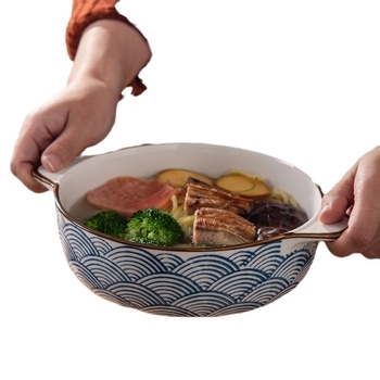 Porcelāna bļoda ar dubultiem rokturiem, apaļas formas, zem glazūras apdare, piemērota mikroviļņu krāsnij