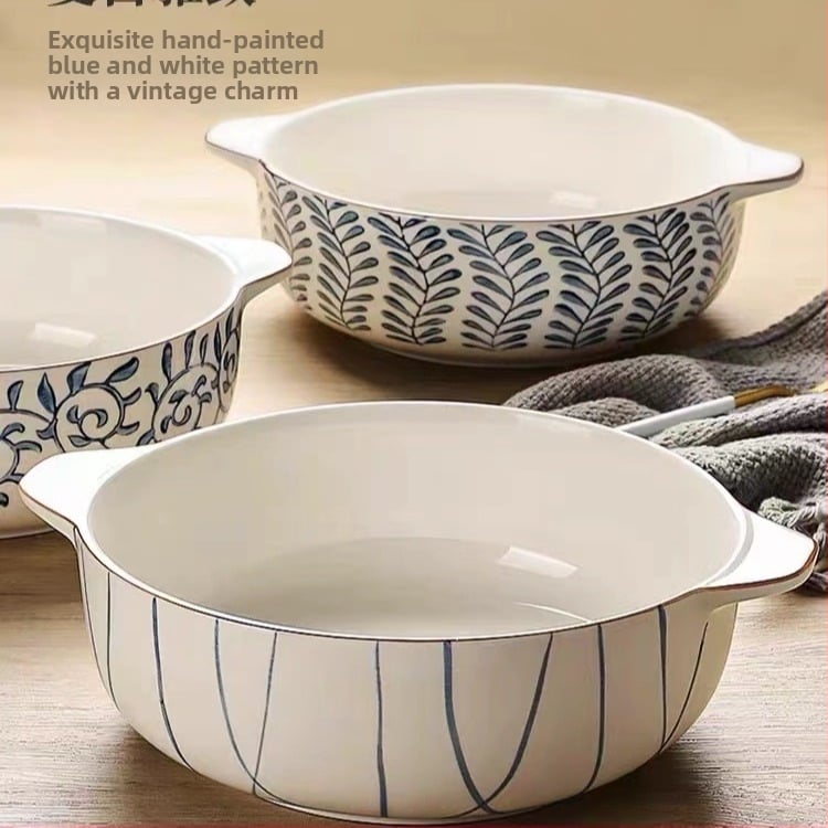 Porcelāna bļoda ar dubultiem rokturiem, apaļas formas, zem glazūras apdare, piemērota mikroviļņu krāsnij