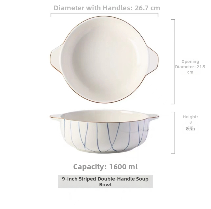 Porcelāna bļoda ar dubultiem rokturiem, apaļas formas, zem glazūras apdare, piemērota mikroviļņu krāsnij