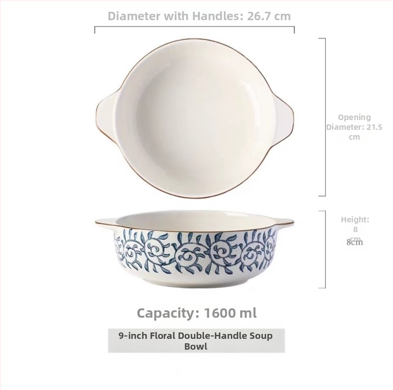 Porcelāna bļoda ar dubultiem rokturiem, apaļas formas, zem glazūras apdare, piemērota mikroviļņu krāsnij