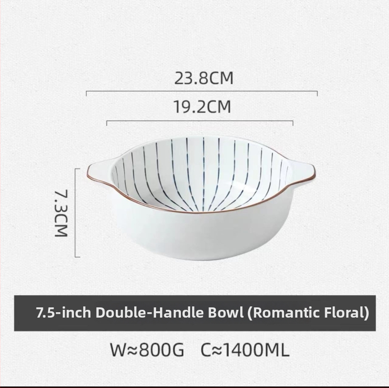 Porcelāna bļoda ar dubultiem rokturiem, apaļas formas, zem glazūras apdare, piemērota mikroviļņu krāsnij