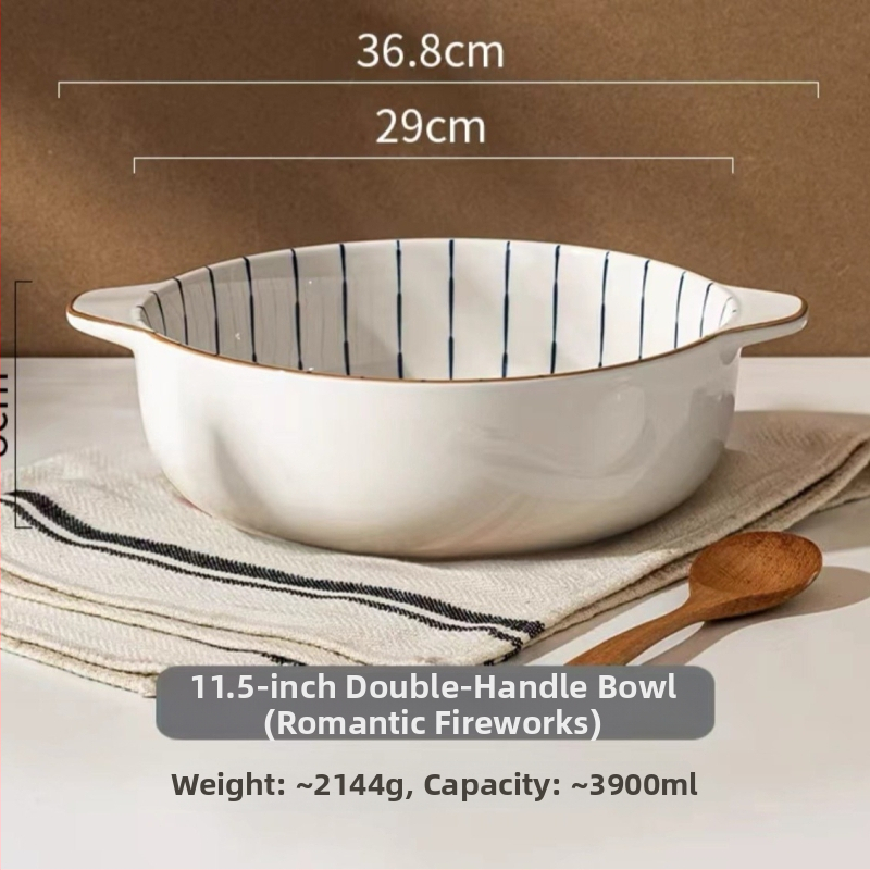 Porcelāna bļoda ar dubultiem rokturiem, apaļas formas, zem glazūras apdare, piemērota mikroviļņu krāsnij