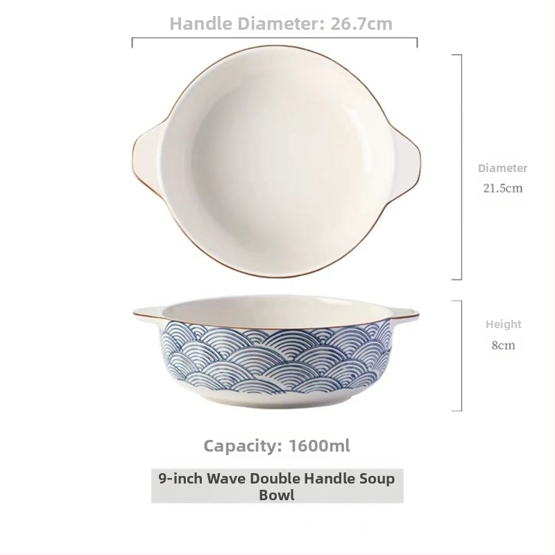 Porcelāna bļoda ar dubultiem rokturiem, apaļas formas, zem glazūras apdare, piemērota mikroviļņu krāsnij