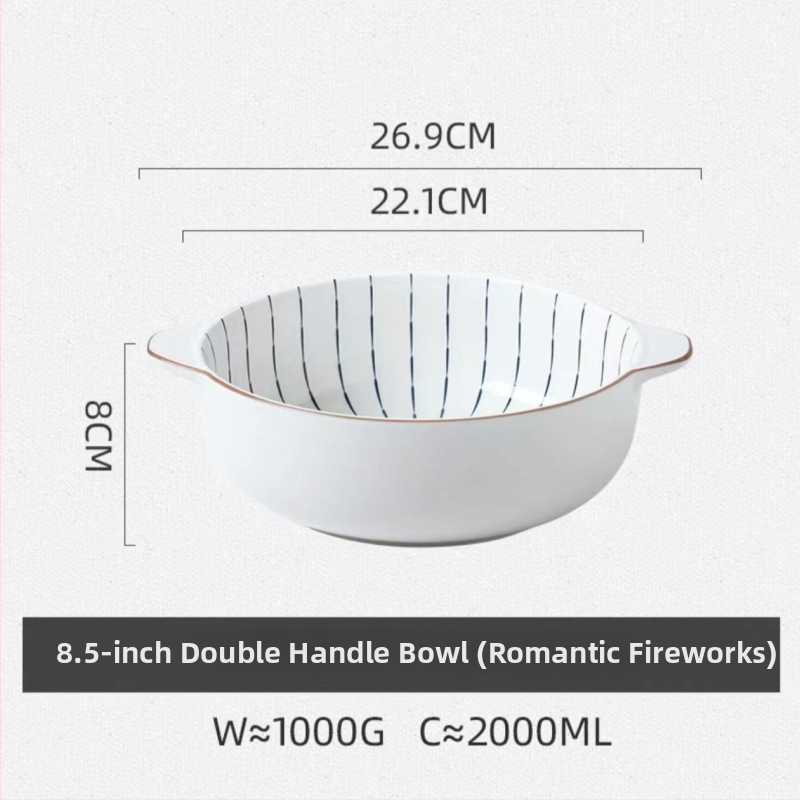 Porcelāna bļoda ar dubultiem rokturiem, apaļas formas, zem glazūras apdare, piemērota mikroviļņu krāsnij