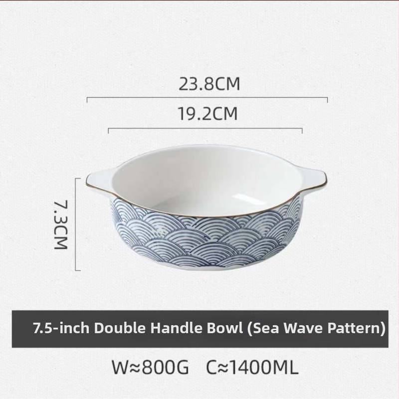 Porcelāna bļoda ar dubultiem rokturiem, apaļas formas, zem glazūras apdare, piemērota mikroviļņu krāsnij