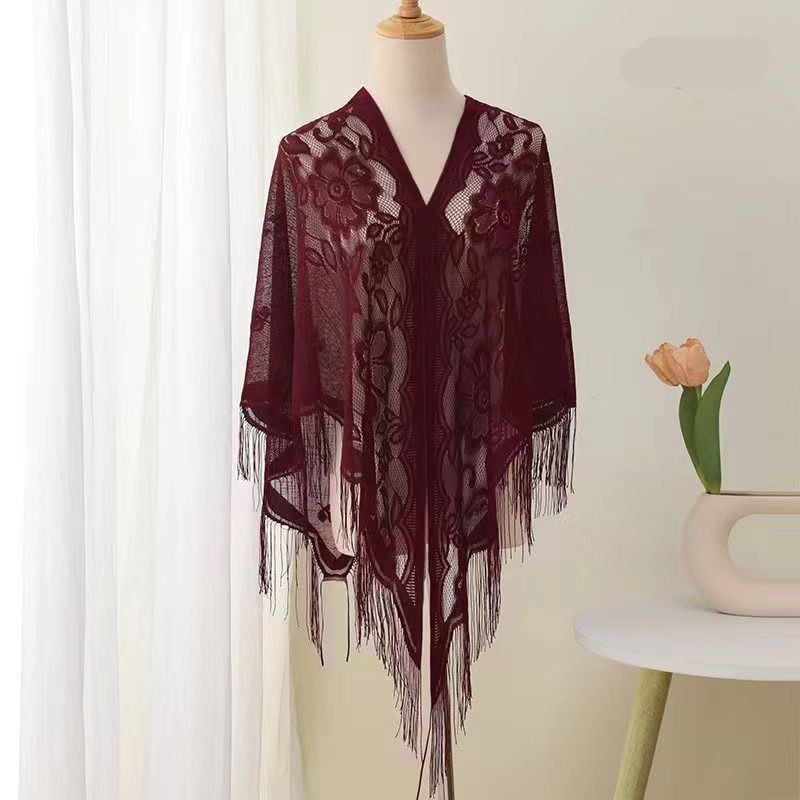 Čipkasti trokutasti šal s resicama, vintage etno stil, jednostavno tkanje, čipkasta tkanina od poliestera, tisak i jacquard obrada, ljetni dodatak