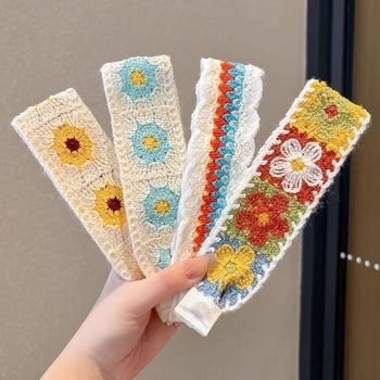 Плетена лепяща лента за коса за деца, цветеобразна форма, панделка, ръчна изработка от вълна