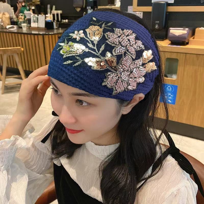 Kokvilnas auduma galvas lente ar ziediem, etniskā stilā ar retro noskaņu, sievietēm