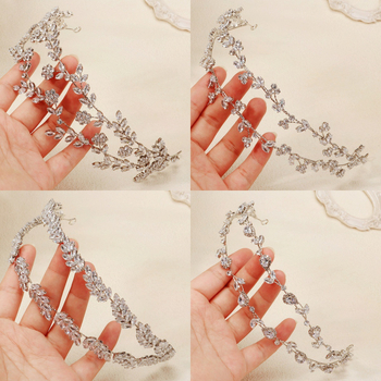 Korejas stilā matu lente ar cirkoniem, lapu formas, divslāņu dimantu mīkstā ķēdīte, kāzas aksessārs