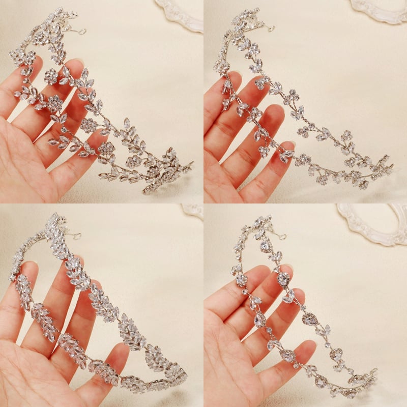 Korejas stilā matu lente ar cirkoniem, lapu formas, divslāņu dimantu mīkstā ķēdīte, kāzas aksessārs