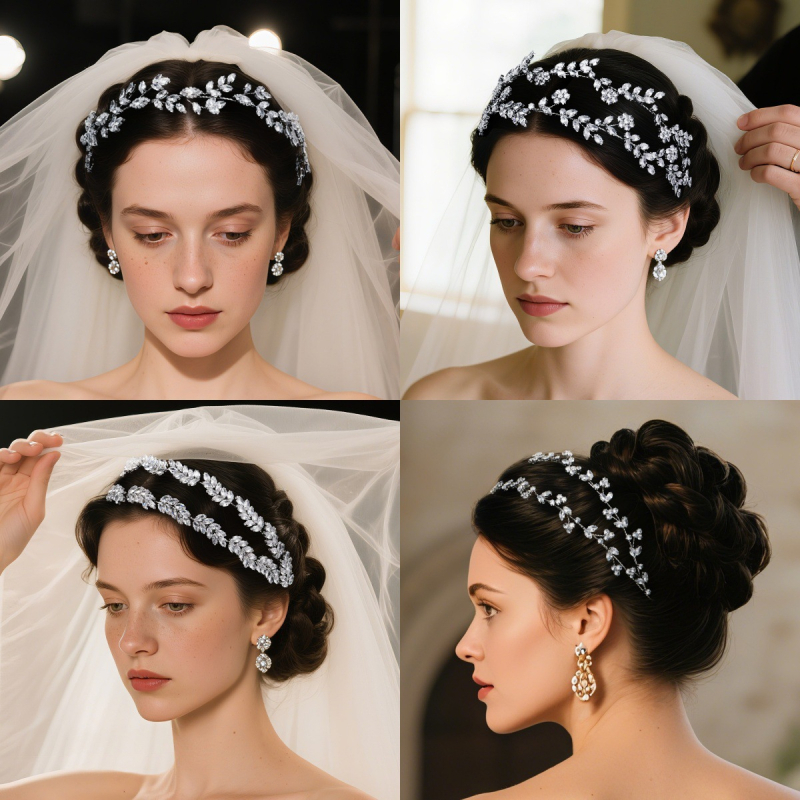 Korejas stilā matu lente ar cirkoniem, lapu formas, divslāņu dimantu mīkstā ķēdīte, kāzas aksessārs