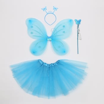 Kosmētikas apģērbu rekvizīti: četrdaļīgs komplekts ar spīdīgu tauriņa motīvu uz aizmugurējās galvas lentes un tiuliskām svārkiem bērnu izrādei