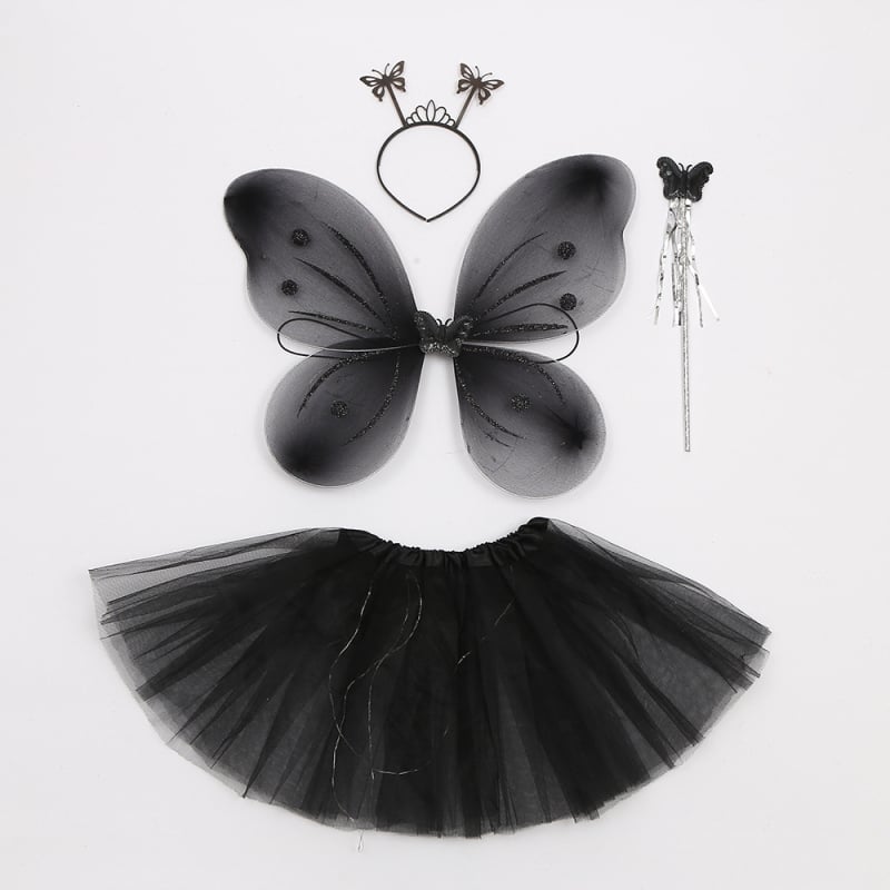 Kosmētikas apģērbu rekvizīti: četrdaļīgs komplekts ar spīdīgu tauriņa motīvu uz aizmugurējās galvas lentes un tiuliskām svārkiem bērnu izrādei