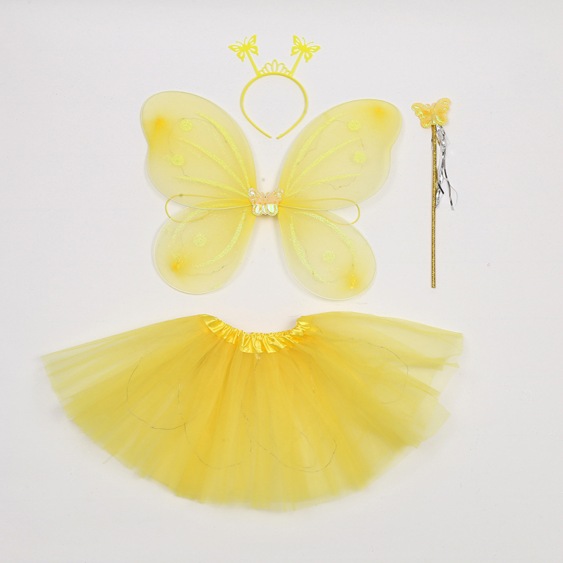 Kosmētikas apģērbu rekvizīti: četrdaļīgs komplekts ar spīdīgu tauriņa motīvu uz aizmugurējās galvas lentes un tiuliskām svārkiem bērnu izrādei